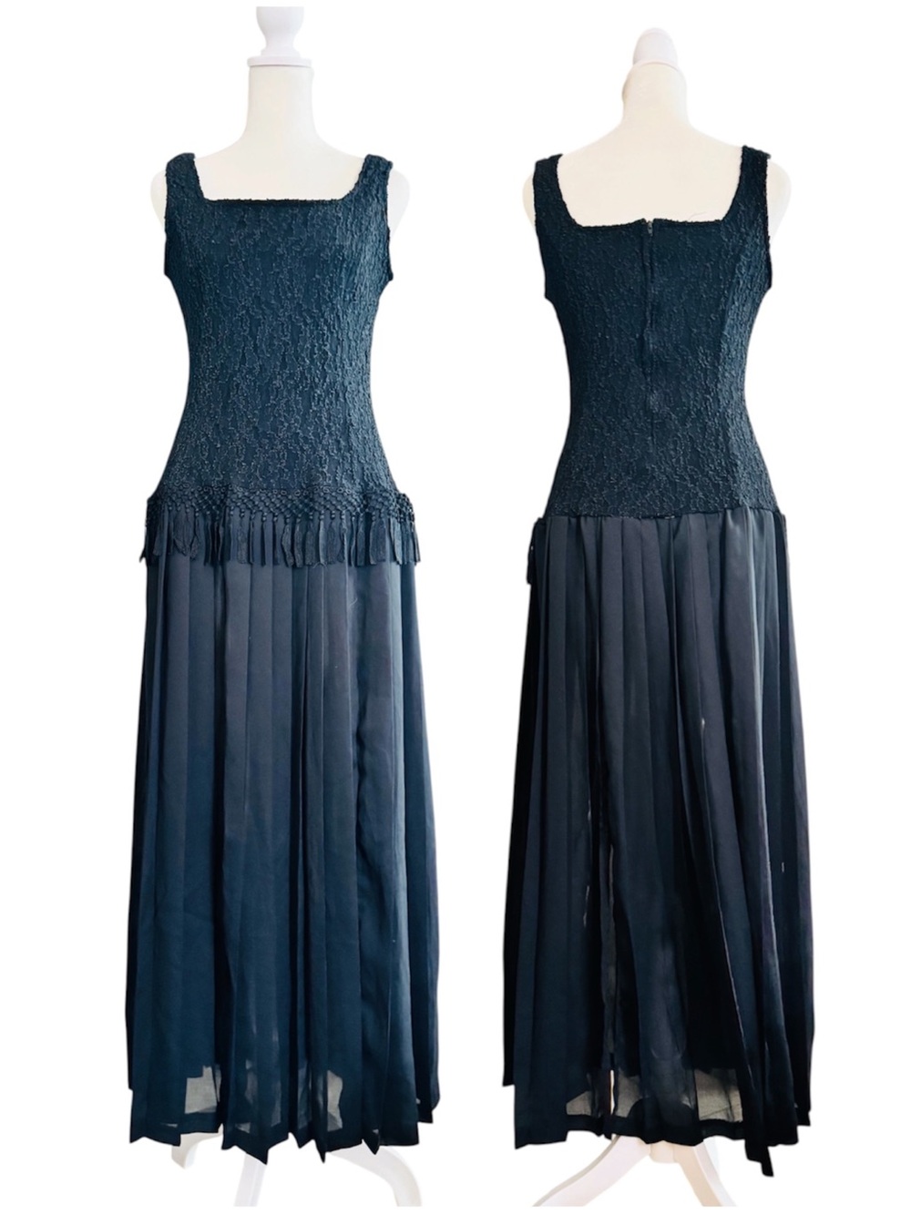 SANS SOUCI vintage black maxi panel dress with fringe waist, size grande/large